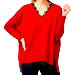 BRAND NEW
Chico’s Doleman sleeve poncho, red & faux black lace trim.